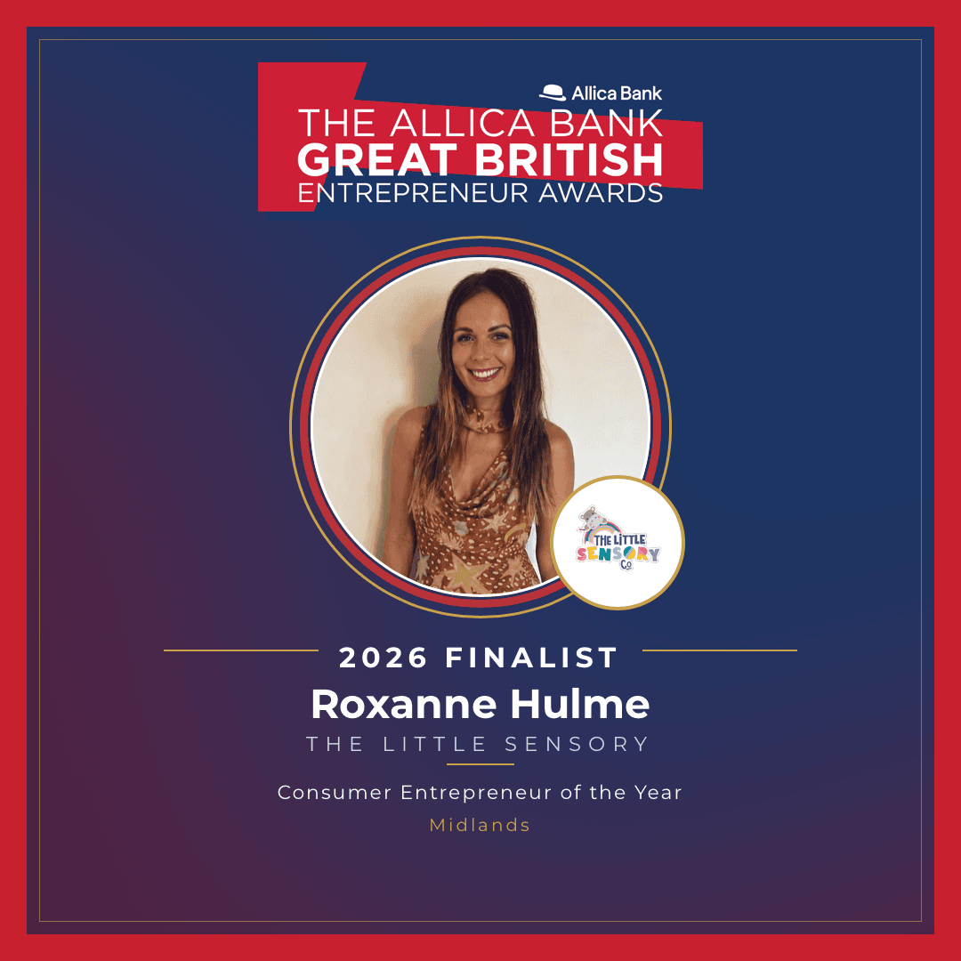 Supplied 2026 Great British Entrepreneur Awards finalist graphic featuring Roxanne Hulme of The Little Sensory